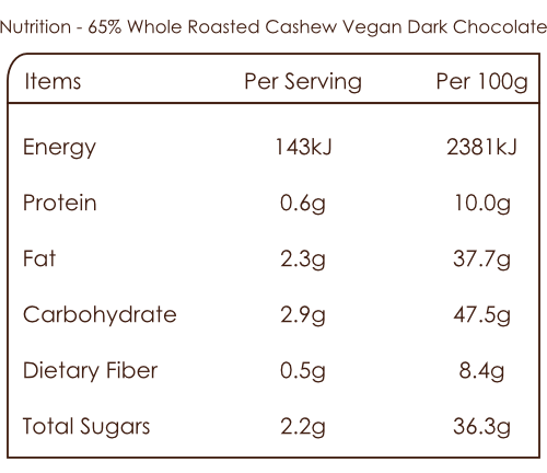 Nutrition Bar of 65% Roasted Cashew Vegan Dark Chocolate