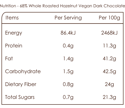 Nutrition Bar of 68% Roasted Hazelnut Vegan Dark Chocolate