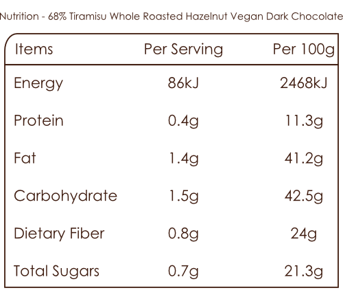 Nutrition Bar of 68% Tiramisu Roasted Hazelnut Vegan Dark Chocolate
