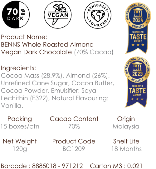 Benns Roasted Almond Vegan Dark Chocolate