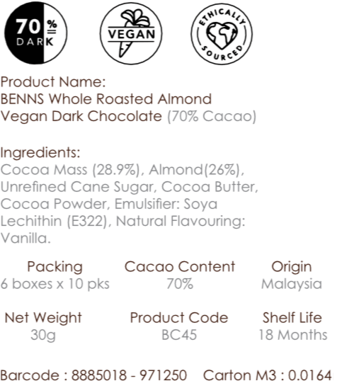 Benns Roasted Almond Vegan Dark Chocolate