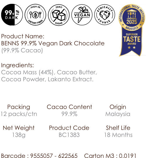Benns 99.9% Vegan Dark Chocolate