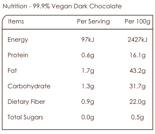 Nutrition Bar of 99.9% Vegan Dark Chocolate