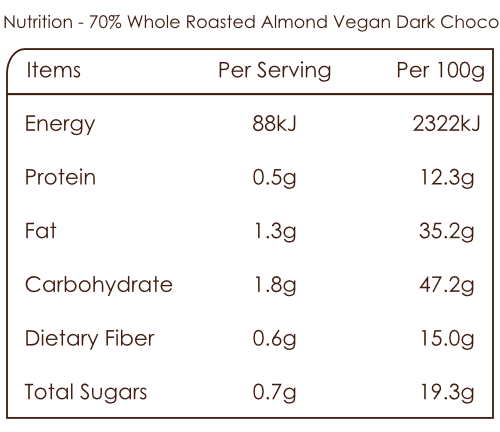 Nutrition Bar of 70% Roasted Almond Vegan Dark Chocolate